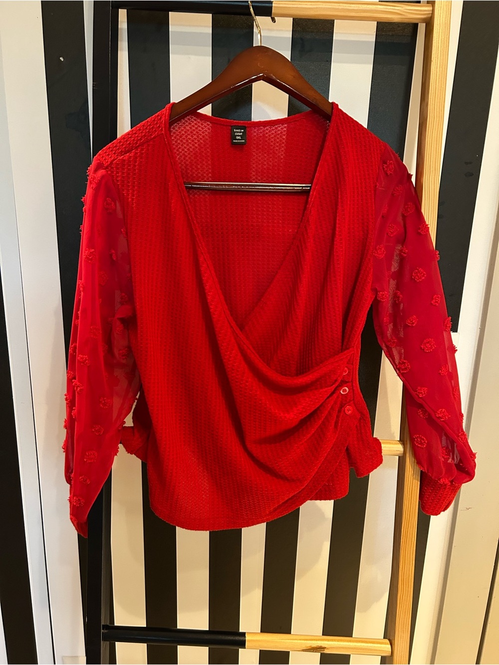 SHEIN Red Wrap-Front Blouse with Sheer Embroidered Sleeves